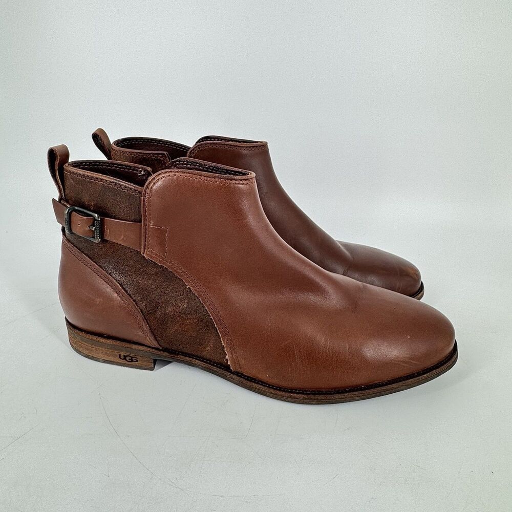 UGG Demi Ankle Boots Women’s 10 Chestnut Brown Leather Shearling Zip Buckle